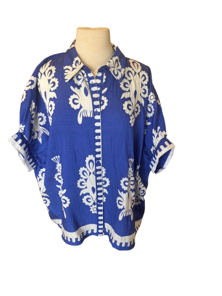 Top - Oversized Abstract Print Button Down - Cobalt - Findlay Rowe Designs