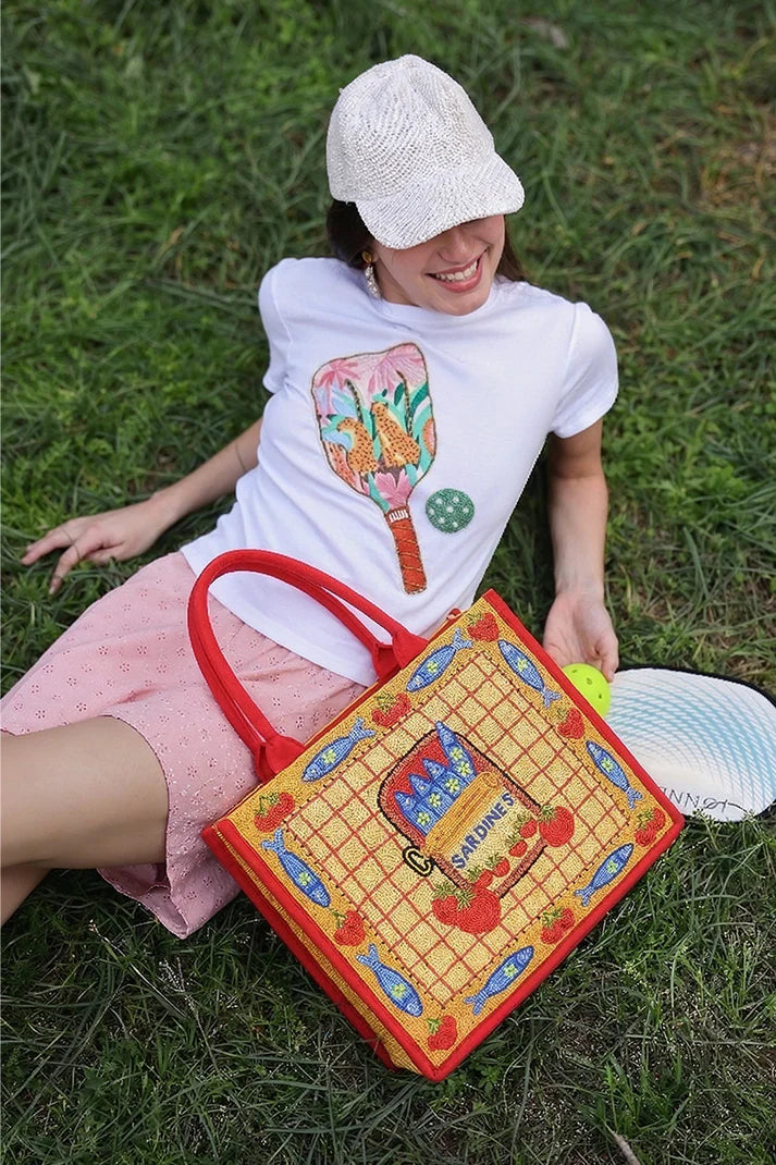 America and Beyond - Beaded Large Book Tote - Deep Sea Sardine