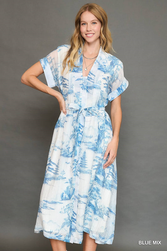 Dress - Toile Print Midi - Blue - Findlay Rowe Designs