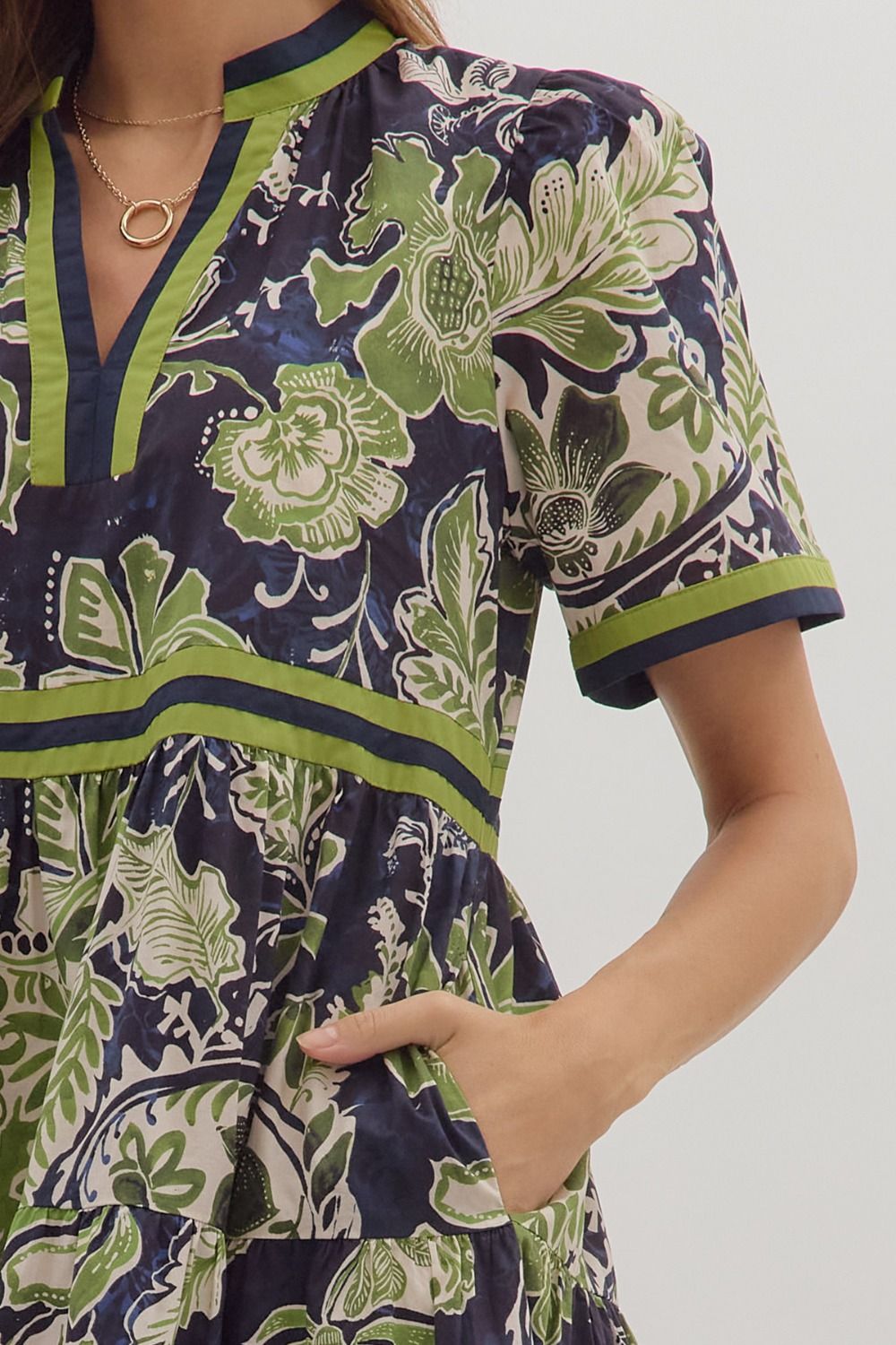 Entro - Dress - Floral Contrast Trim Midi - Navy Green