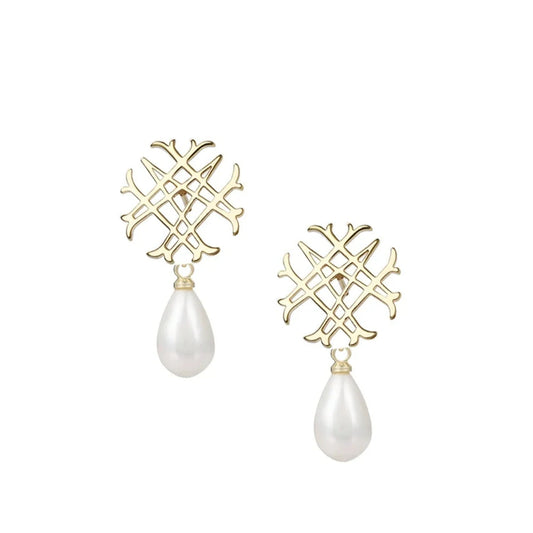Natalie Wood- Adorned Logo Pearl Drop Earrings in Gold