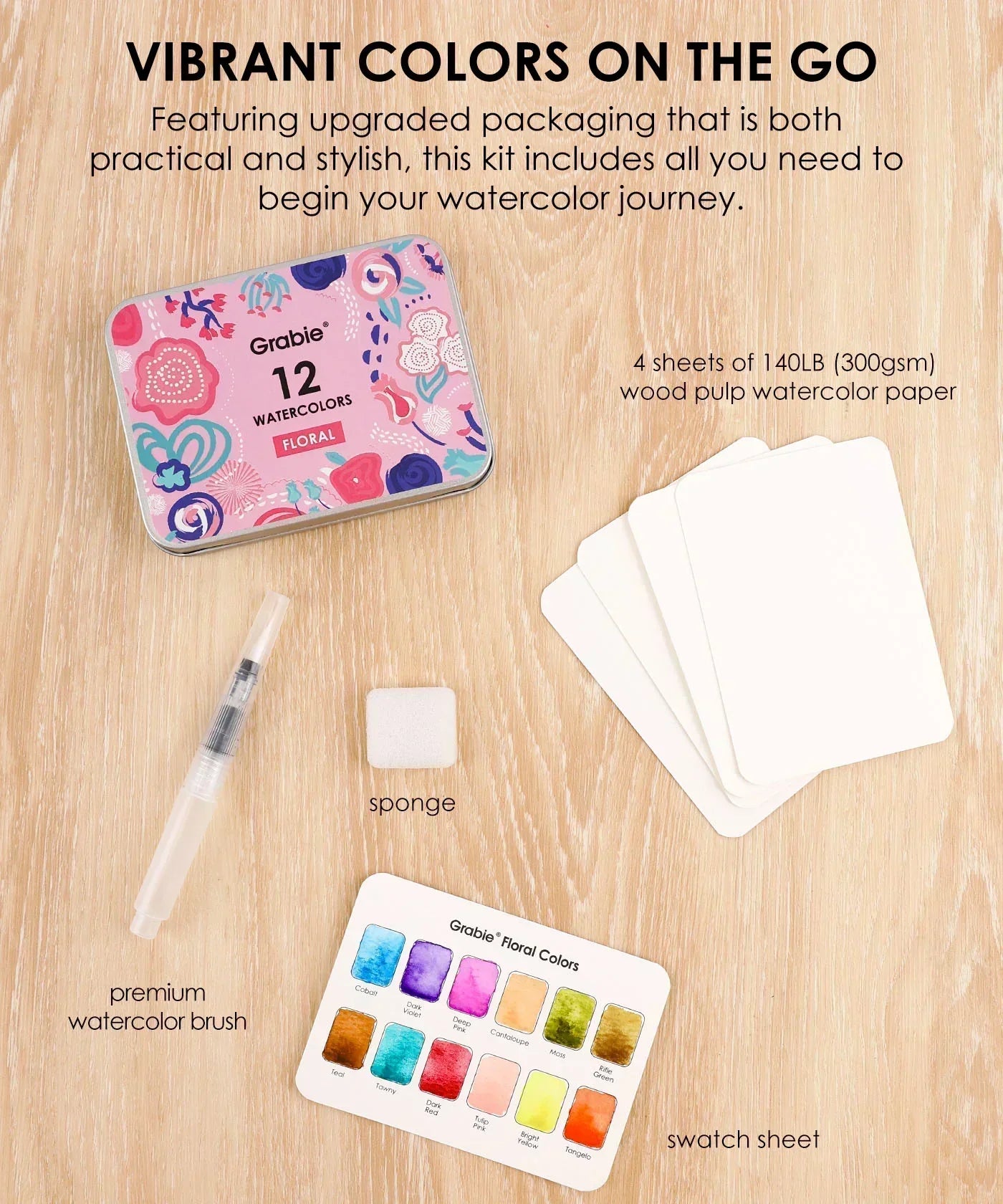 Grabie - Watercolor Pocket Set Of 12 With Brush - Floral Colors - Findlay Rowe Designs