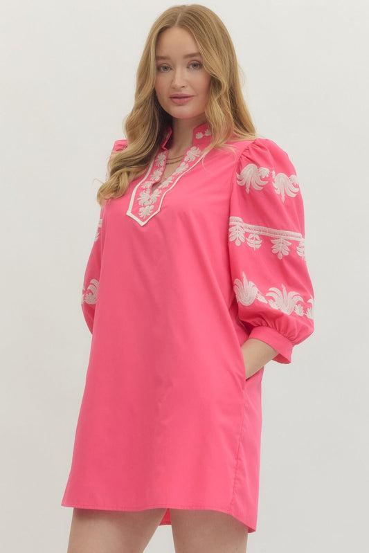 Entro - Dress Mini - 3/4 Sleeve Embroidered - Pink - Findlay Rowe Designs