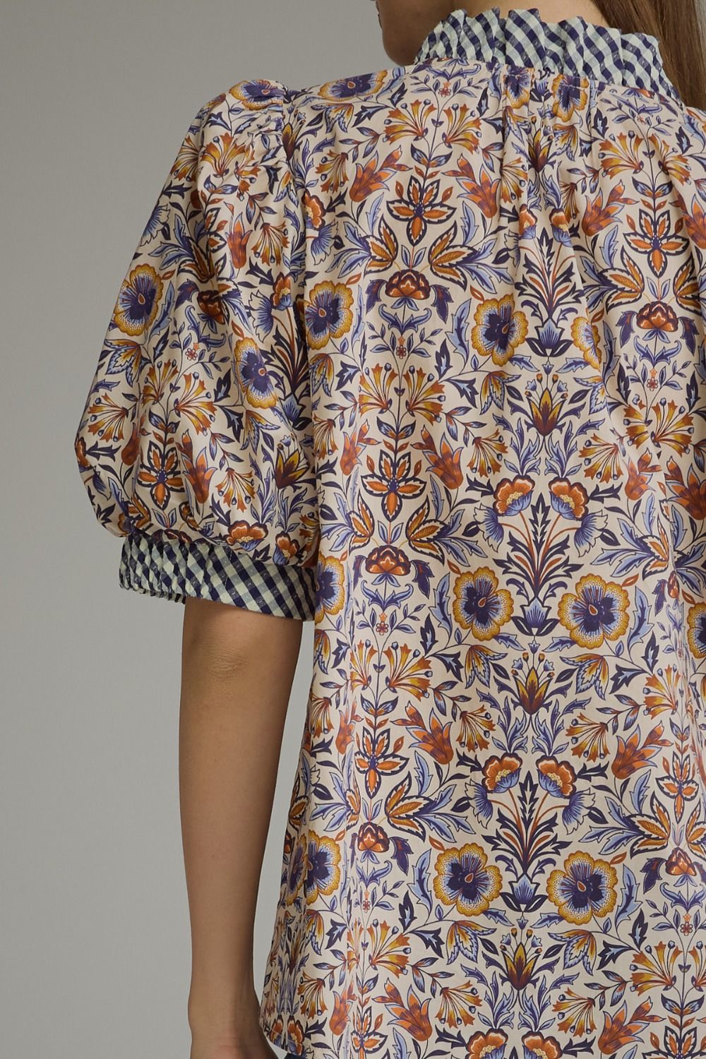 Entro - Top - Puff Sleeve Ruffle Gingham Trim - Floral Ecru - Findlay Rowe Designs
