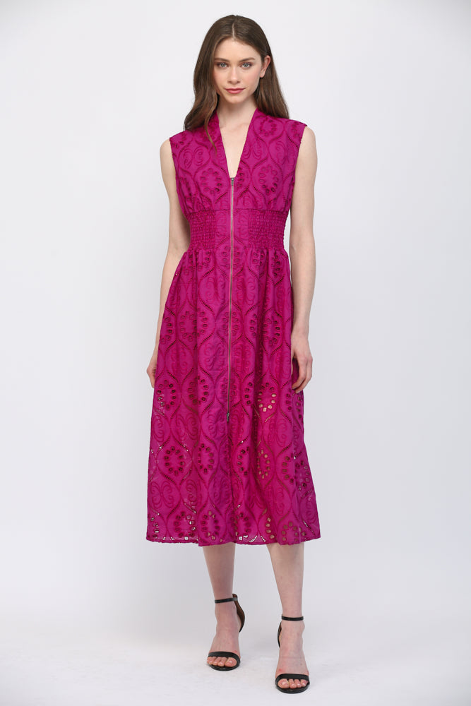 Dress - Midi - Eyelet Zip Front - Magenta - Findlay Rowe Designs
