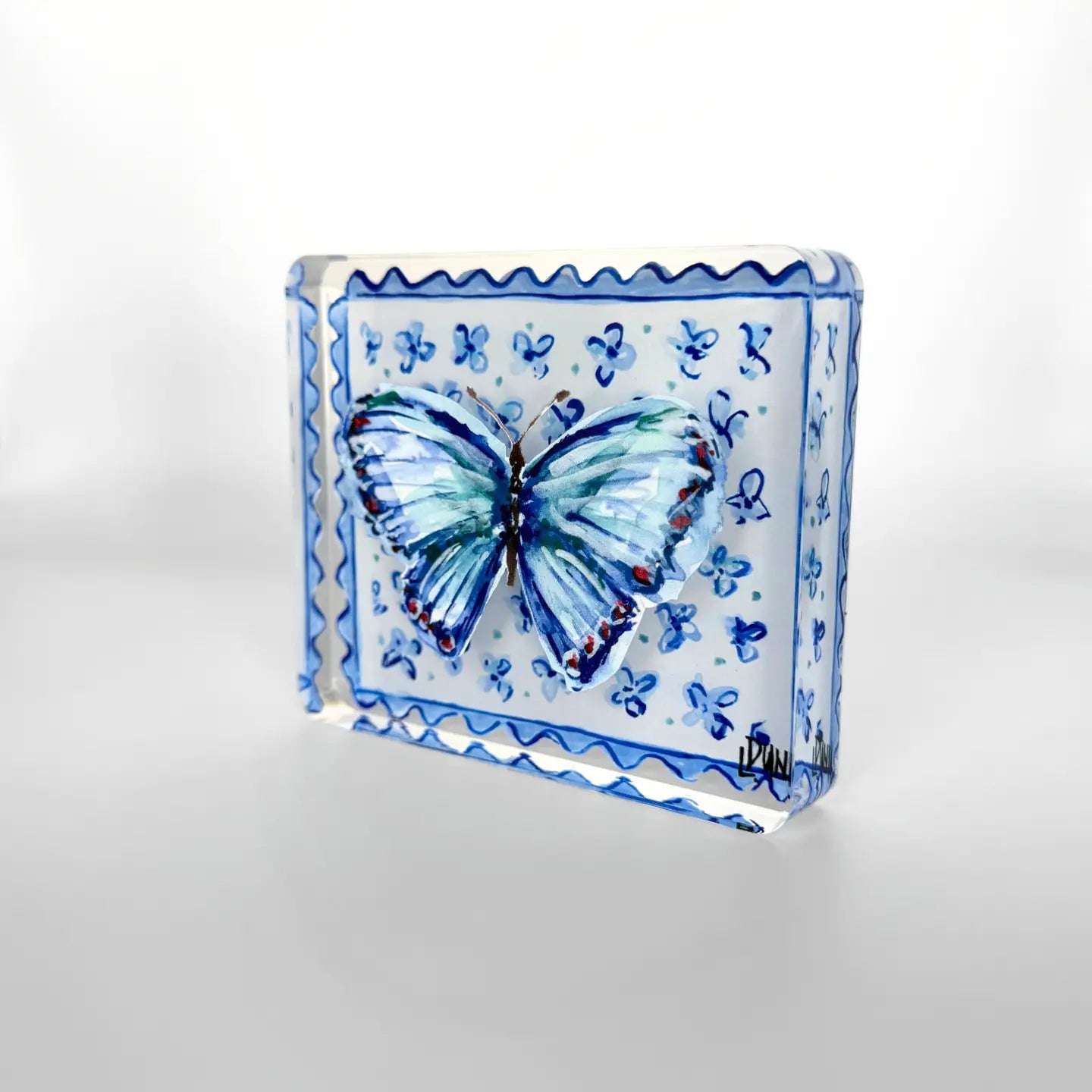 Lauren Dunn - Acrylic Block - Blue Butterfly On Floral Block - Small - Findlay Rowe Designs