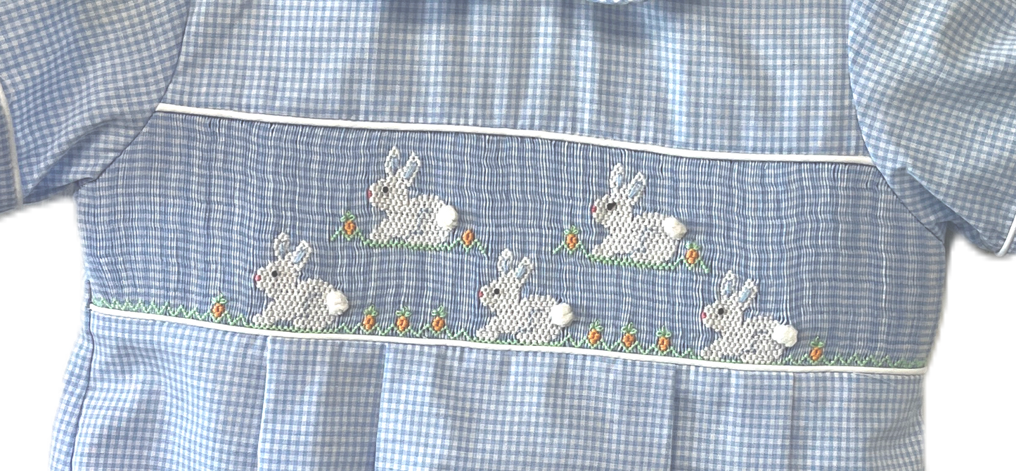 Blue Gingham Bubble with Smocked Bunnies