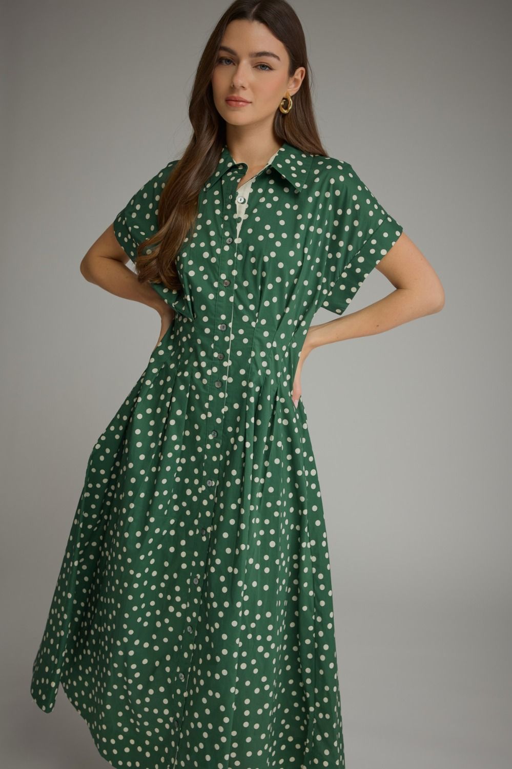 Entro - Dress - Midi Shirt Collar - Polka Dot Forest Green - Findlay Rowe Designs
