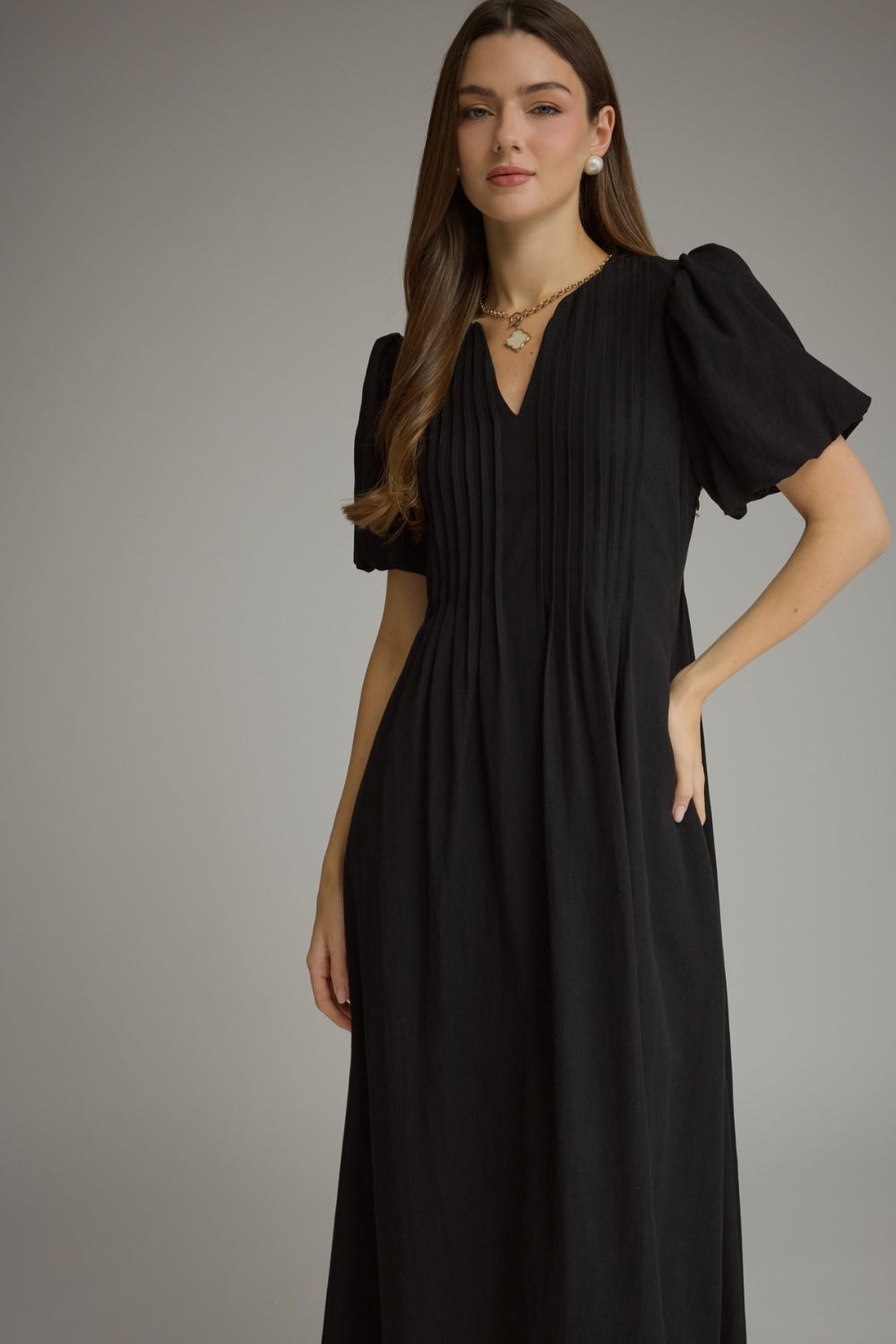 Entro - Dress - Midi V-Neck Pleated Bodice - Black - Findlay Rowe Designs