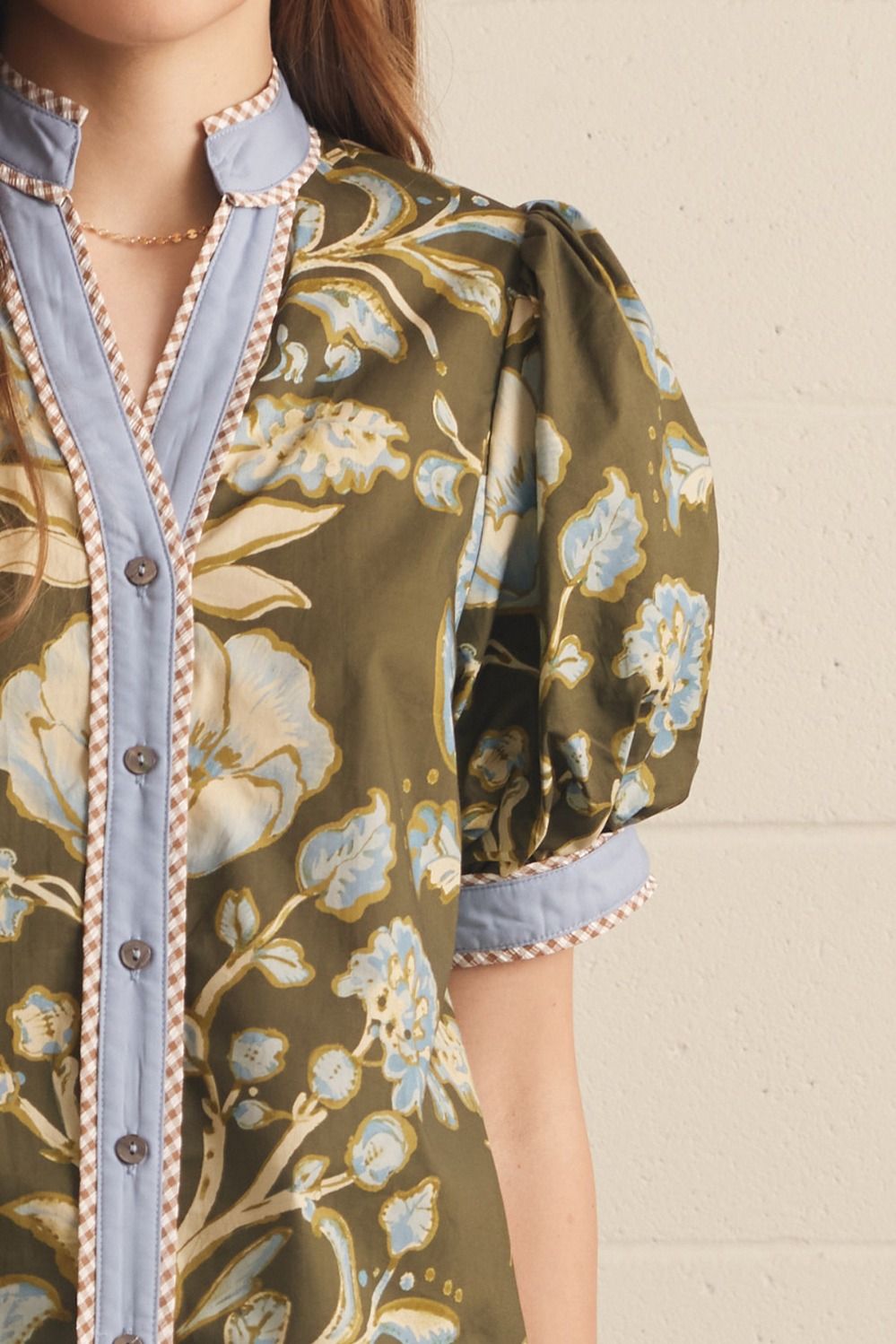 Entro - Top - Puff Sleeve Contrast Binding - Floral Olive - Findlay Rowe Designs