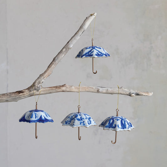 Ornament - Hand-Painted Stoneware Umbrella - Blue White