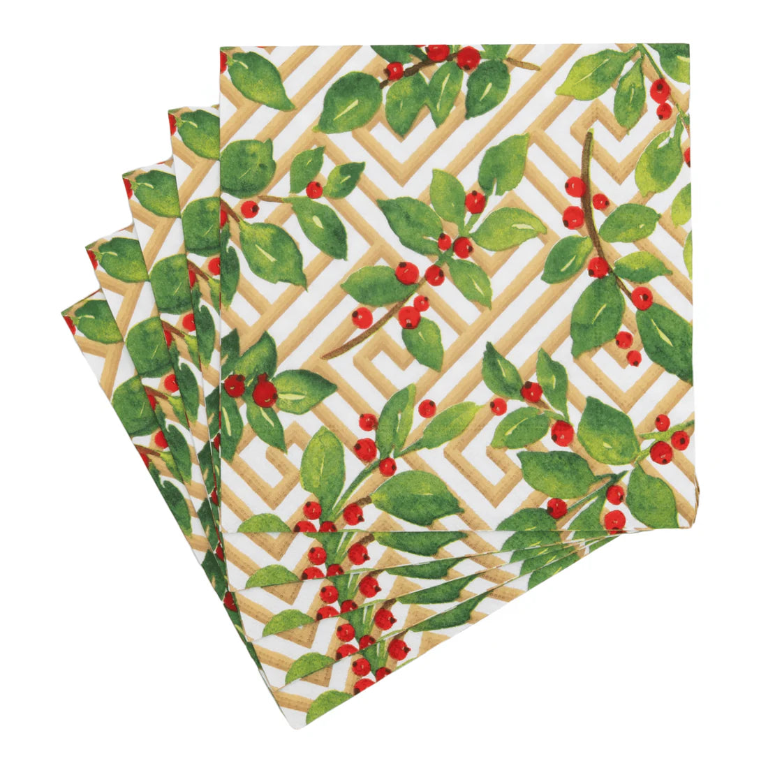 Caspari - Luncheon Napkins - Holly And Fretwork White
