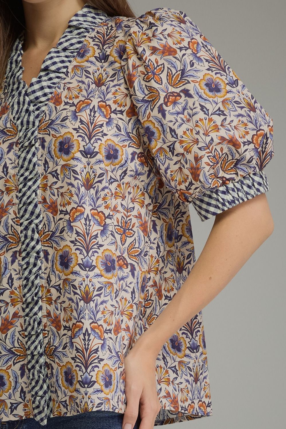 Entro - Top - Puff Sleeve Ruffle Gingham Trim - Floral Ecru - Findlay Rowe Designs