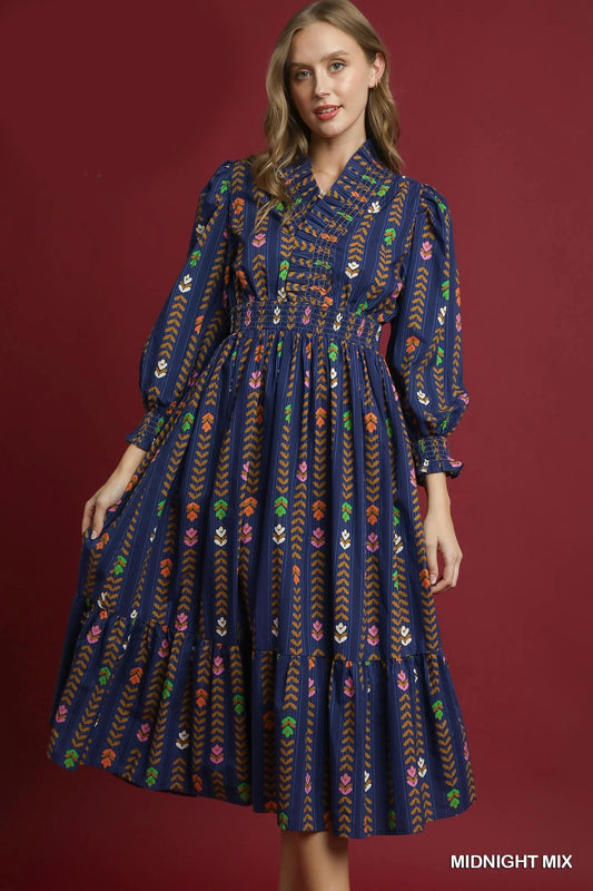Dress - Striped Floral Ruffle Collar Midi - Midnight Mix - Findlay Rowe Designs