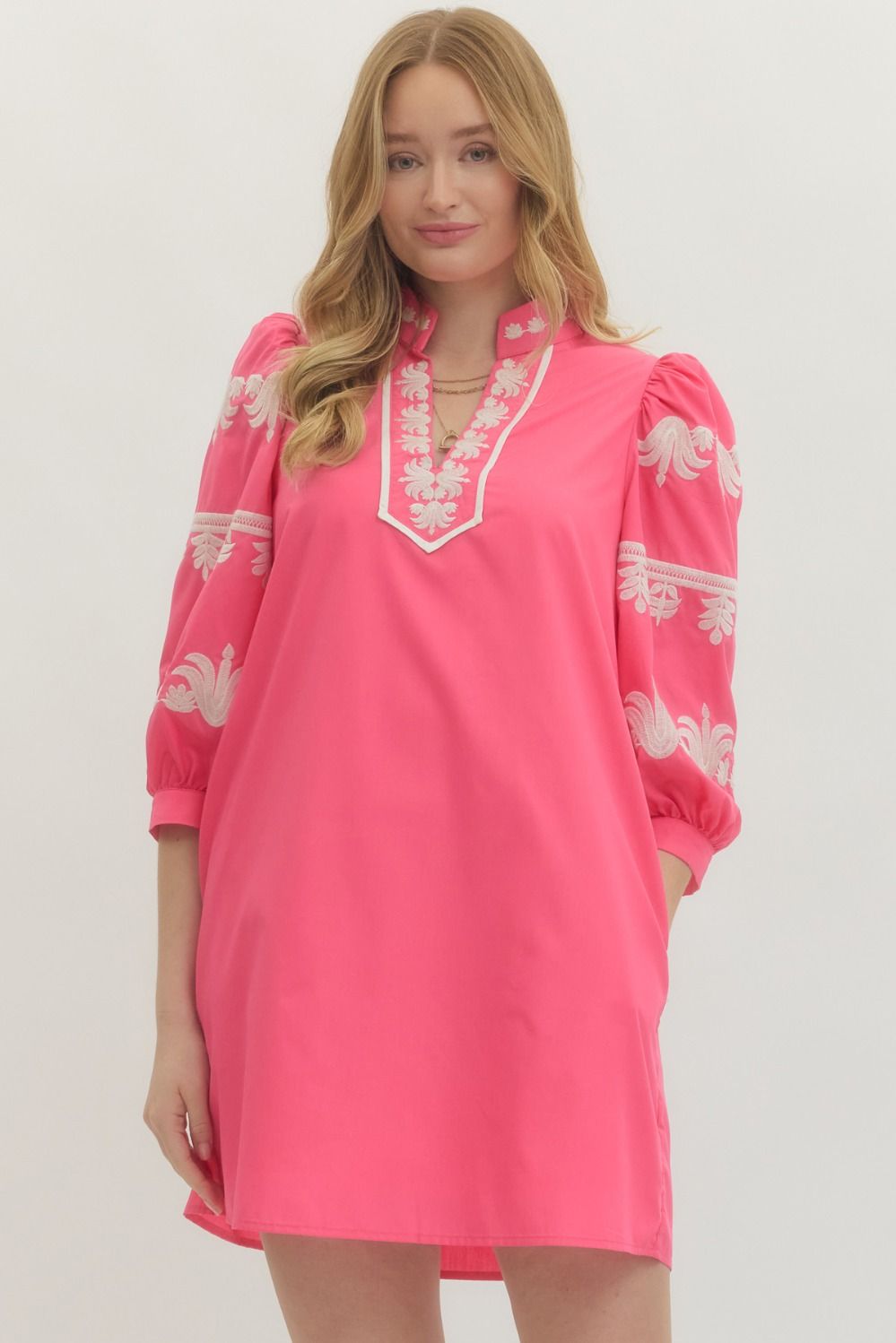 Entro - Dress Mini - 3/4 Sleeve Embroidered - Pink - Findlay Rowe Designs