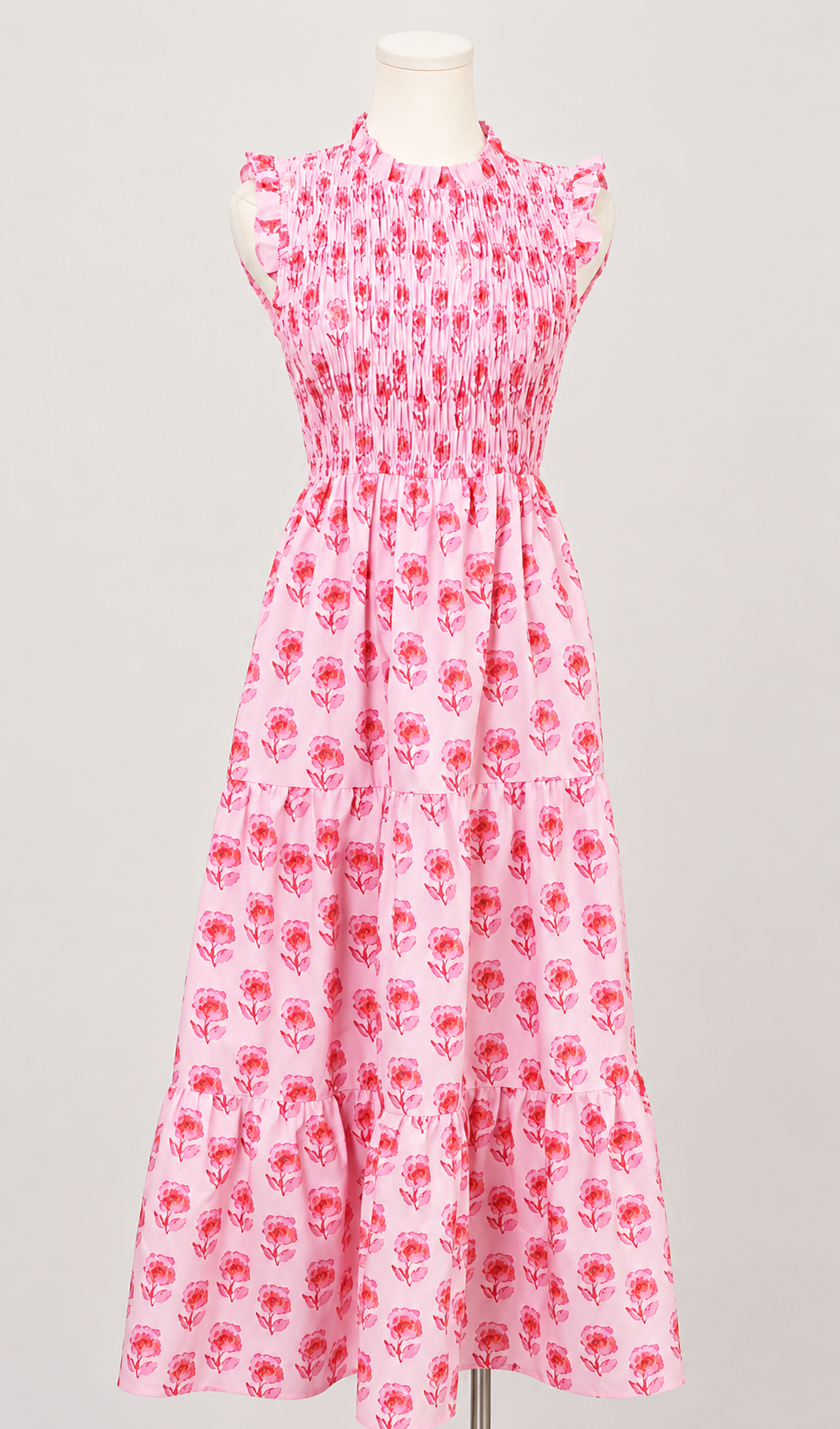 Dress - Midi Smocked Bodice Tiered - Pink - Findlay Rowe Designs