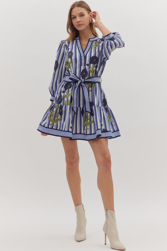 Entro - Dress - Floral stripe Mini Contrast Band - Navy