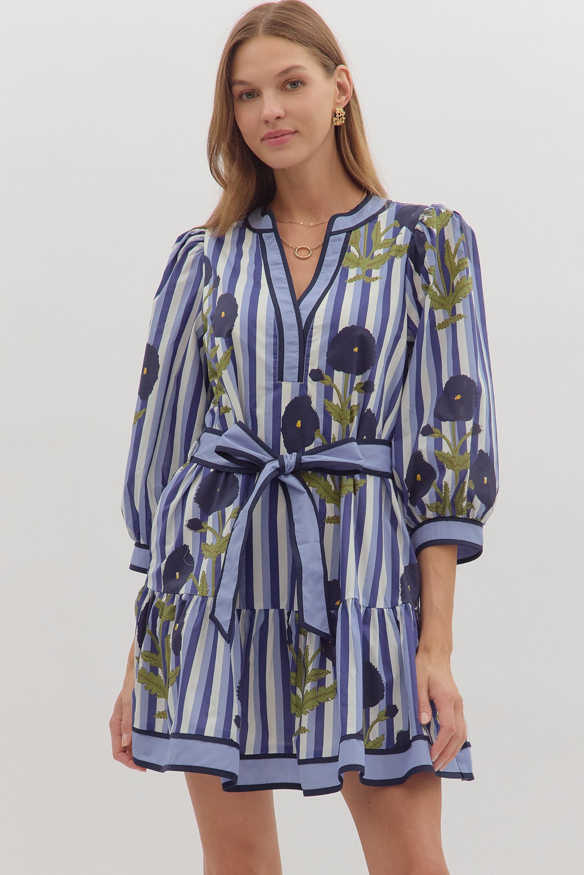 Entro - Dress - Floral stripe Mini Contrast Band - Navy