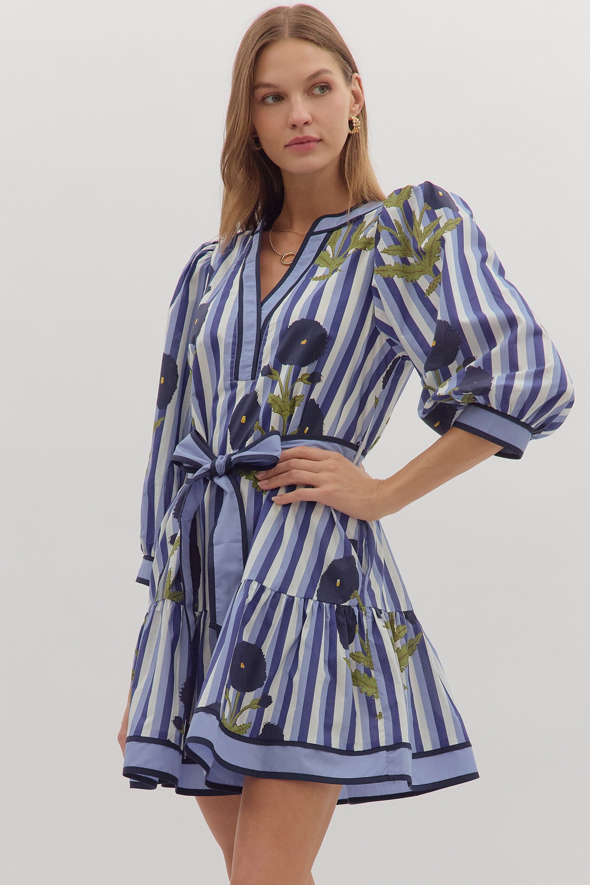 Entro - Dress - Floral stripe Mini Contrast Band - Navy