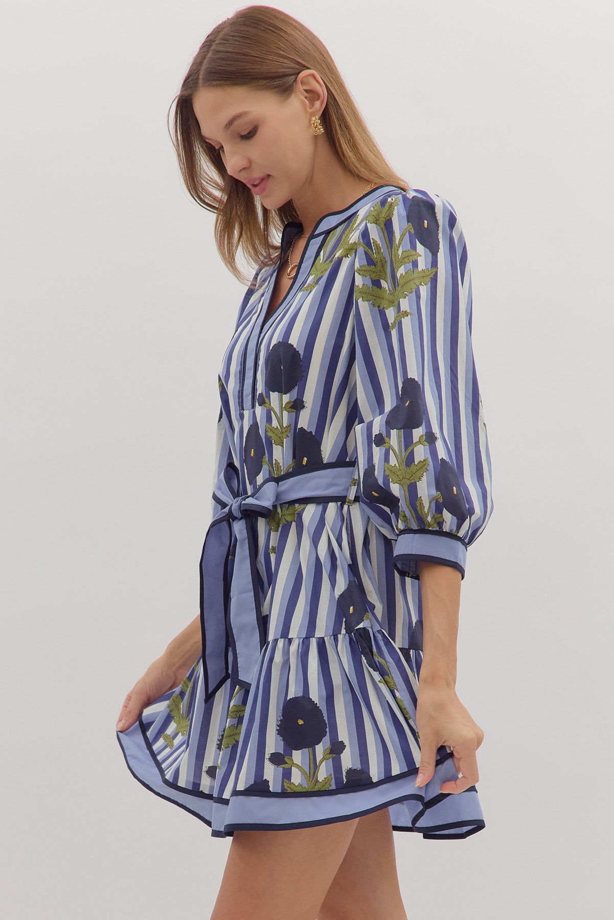 Entro - Dress - Floral stripe Mini Contrast Band - Navy