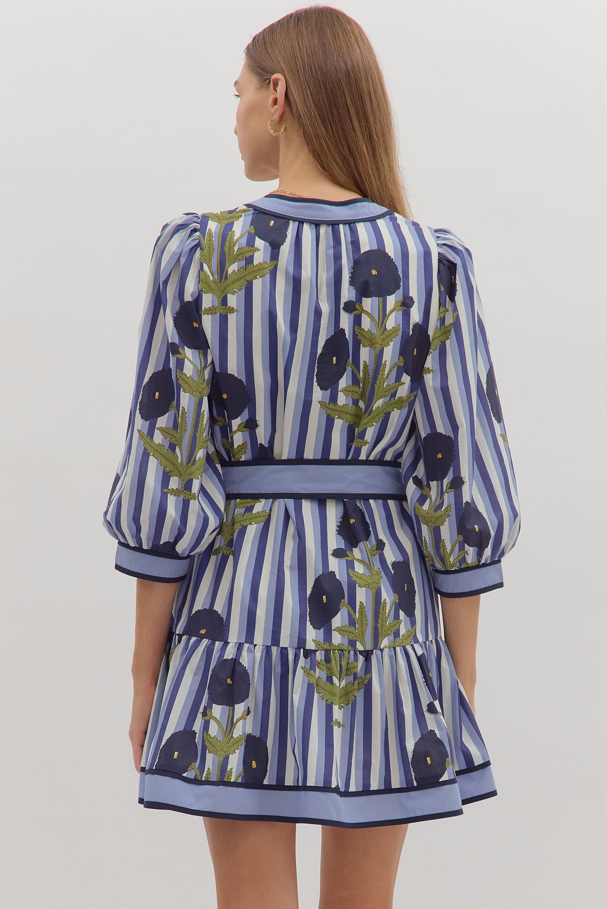 Entro - Dress - Floral stripe Mini Contrast Band - Navy