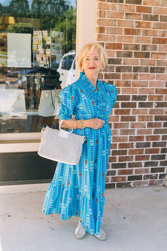 Dress - Ruffle Neck Midi Smocked Waist - Azure - Findlay Rowe Designs