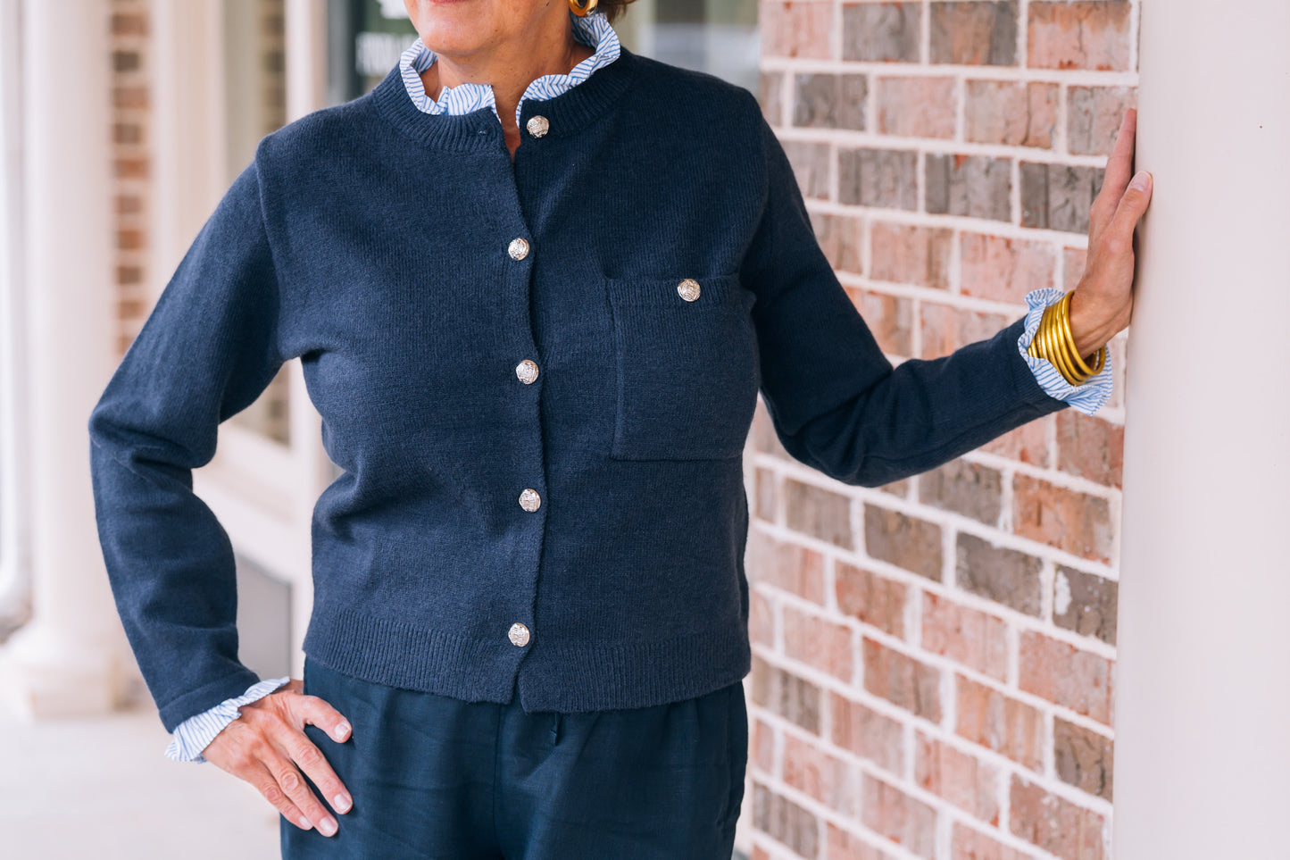 Sweater - Navy Cardigan Ruffle Neck - Findlay Rowe Designs