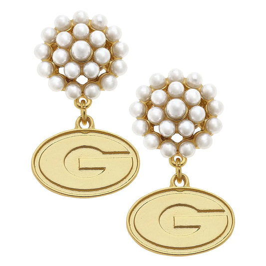 Georgia Bulldogs Pearl Cluster 24K Gold Plated Logo Earrings