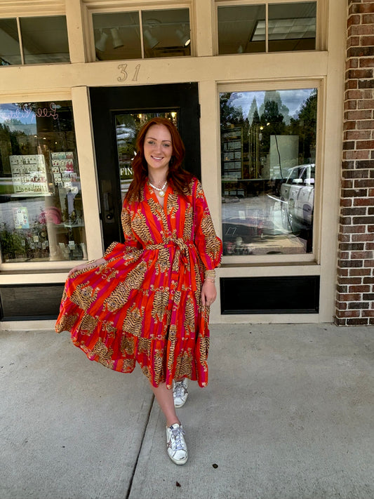 Tiger Midi Dress - Pink and Orange - Findlay Rowe Designs