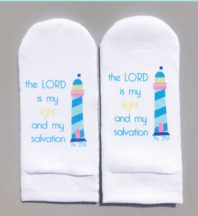 Standing on the Word Socks Lighthouse with verse: Psalms 27:1 the Lord is my light