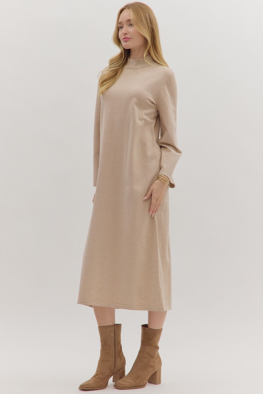 Entro - Dress - Mock Neck Long Sleeve Midi - Sand