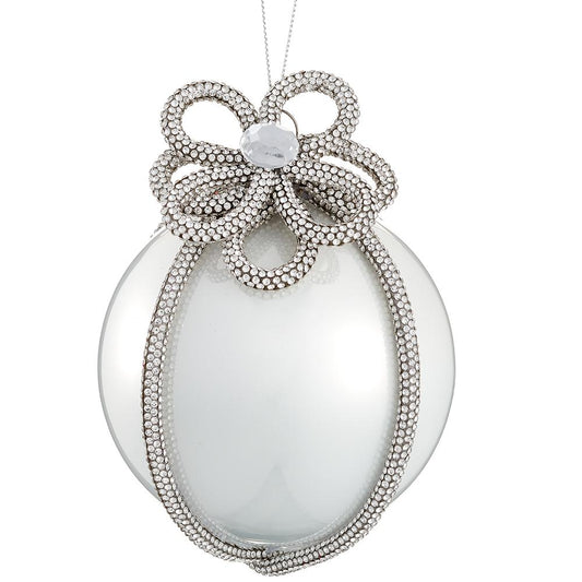 Ornament - 4.5" Diamond Flower Trim Glass Ball - Silver Pearl