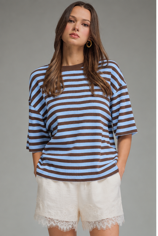 Entro - Top - Short Sleeve Ribbed - Blue Brown - Findlay Rowe Designs