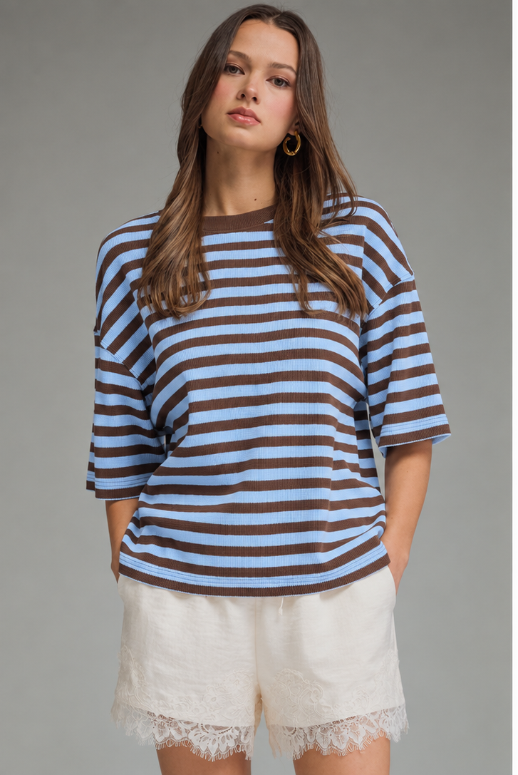 Entro - Top - Short Sleeve Ribbed - Blue Brown - Findlay Rowe Designs