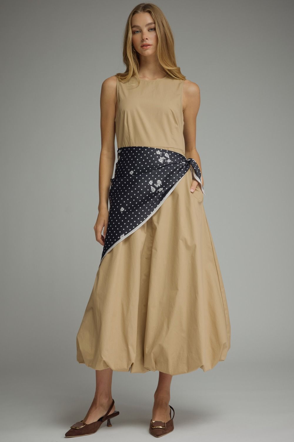 Entro - Dress - Midi - Sleeveless Scarf Overlay - Camel - Findlay Rowe Designs