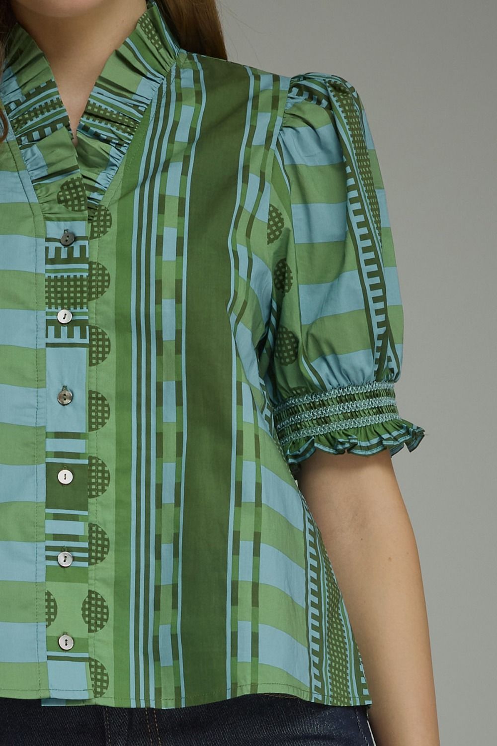 Entro - Top - Ruffle Neck Mixed Print - Olive - Findlay Rowe Designs
