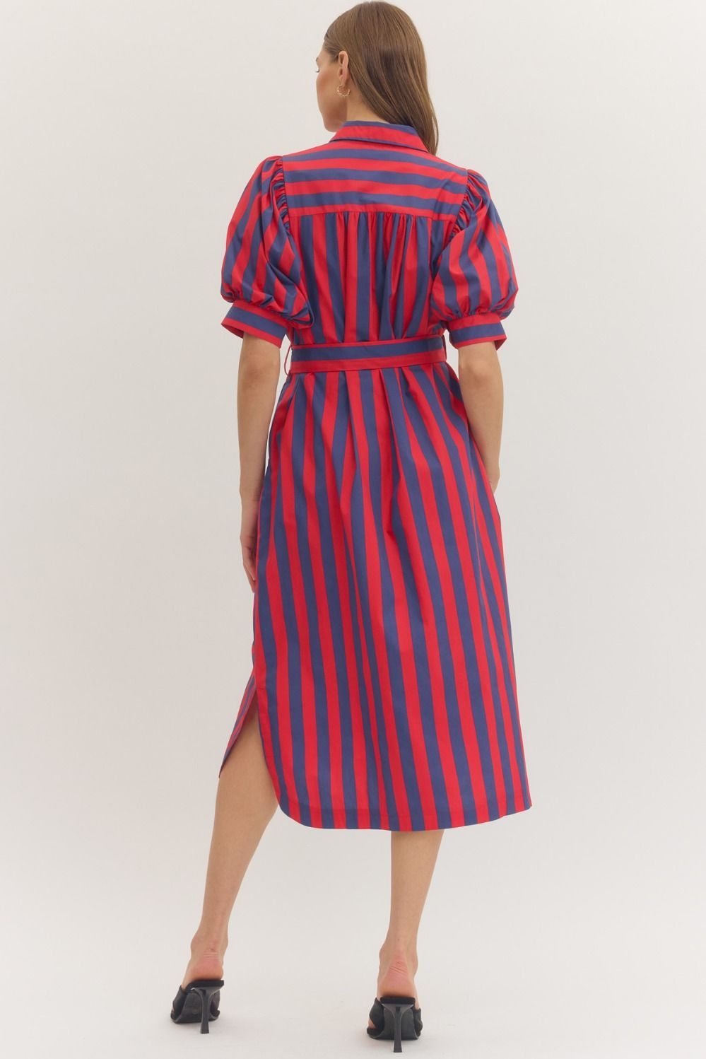 Entro - Dress - Midi  Button-down Striped - Red Navy - Findlay Rowe Designs