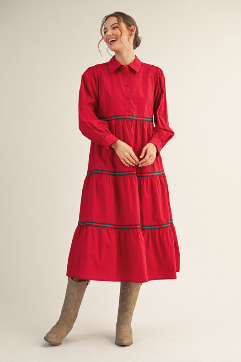 Jodifl - Dress - Long Sleeve Tiered Midi - Red