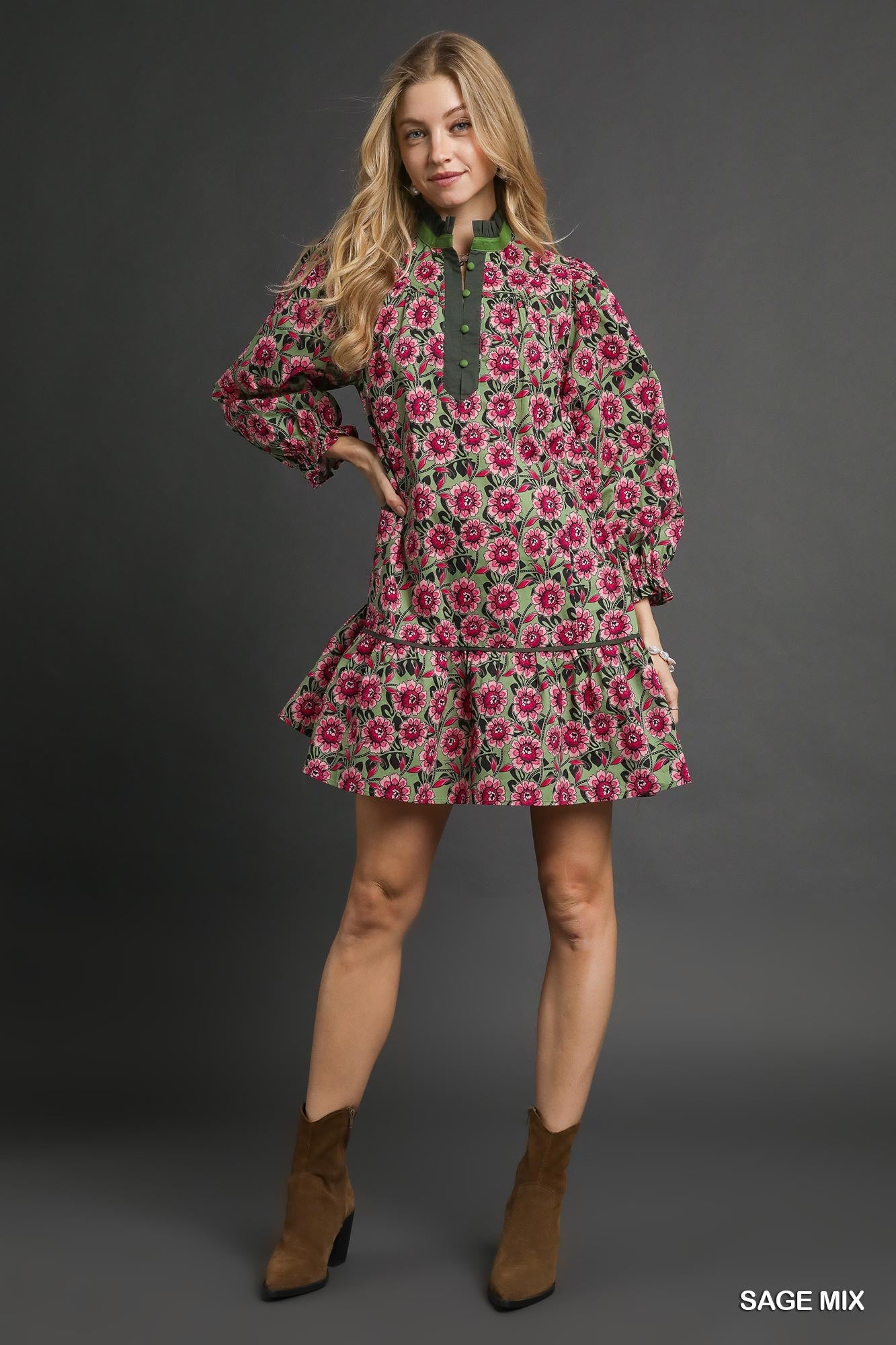 Umgee - Dress - Floral Print Tiered Mini - Sage Mix