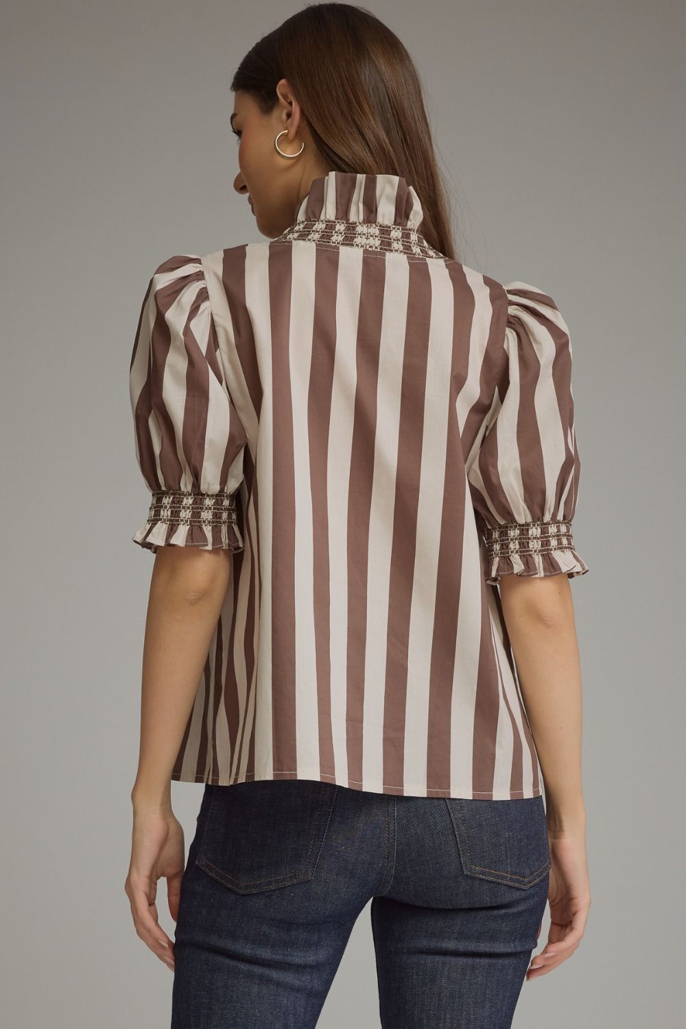 Entro - Top - Puff Sleeve Ruffle Neck - Brown Ecru Stripe - Findlay Rowe Designs