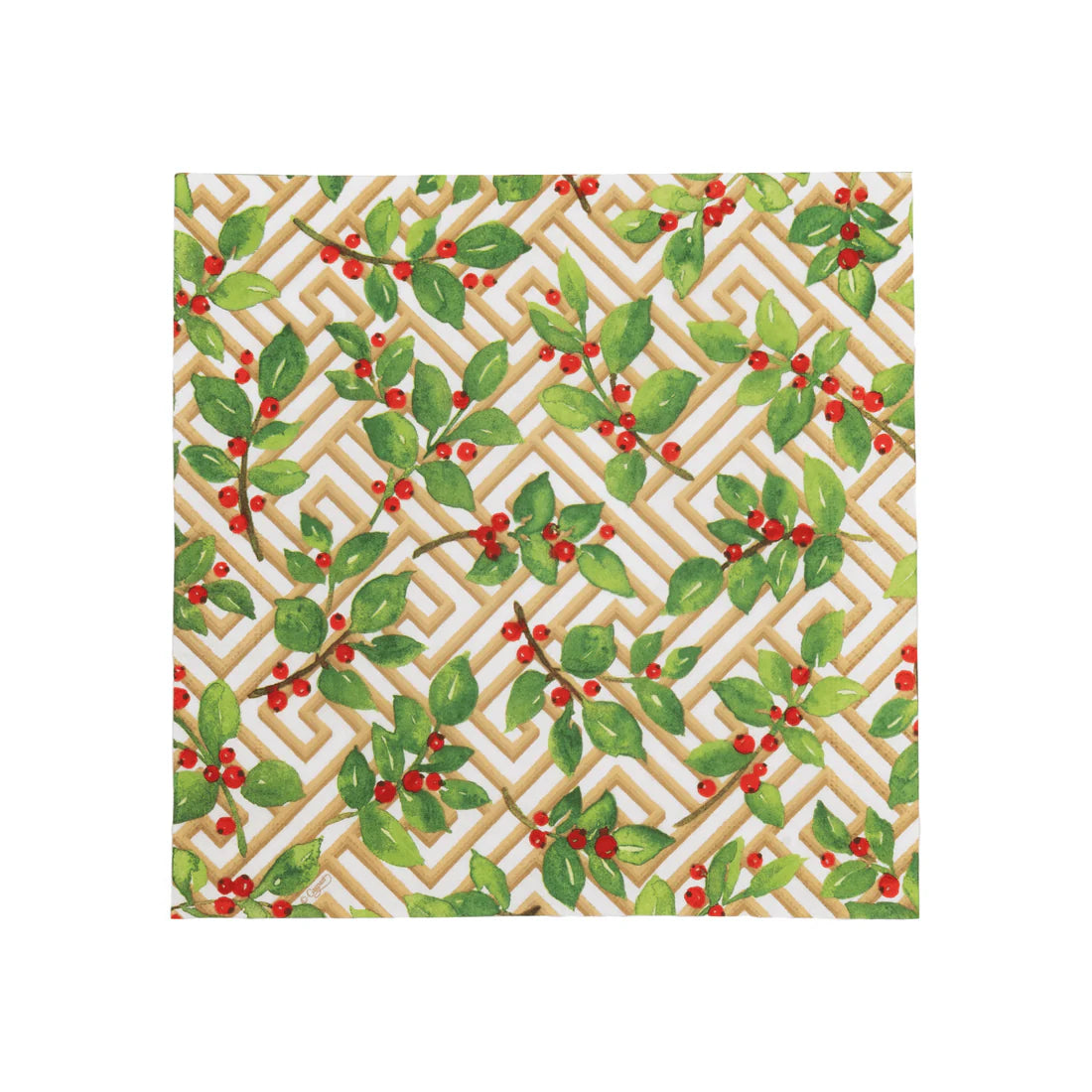 Caspari - Cocktail Napkins - Holly and Fretwork White