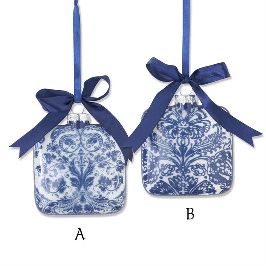 Ornament - Square Glass Blue White Floral - 4.25in