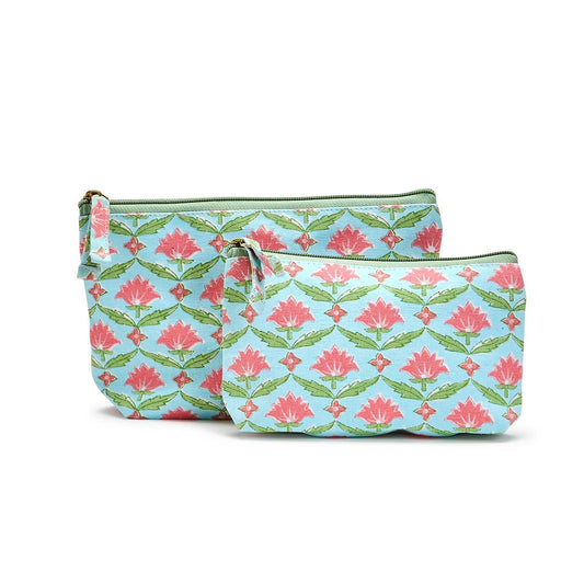 Two's Company- Turquoise Floral Block Print Pouches