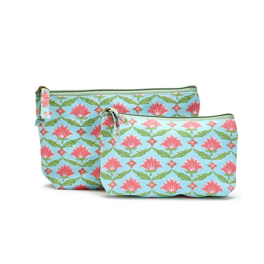 Turquoise Floral Block Print Pouches - Findlay Rowe Designs