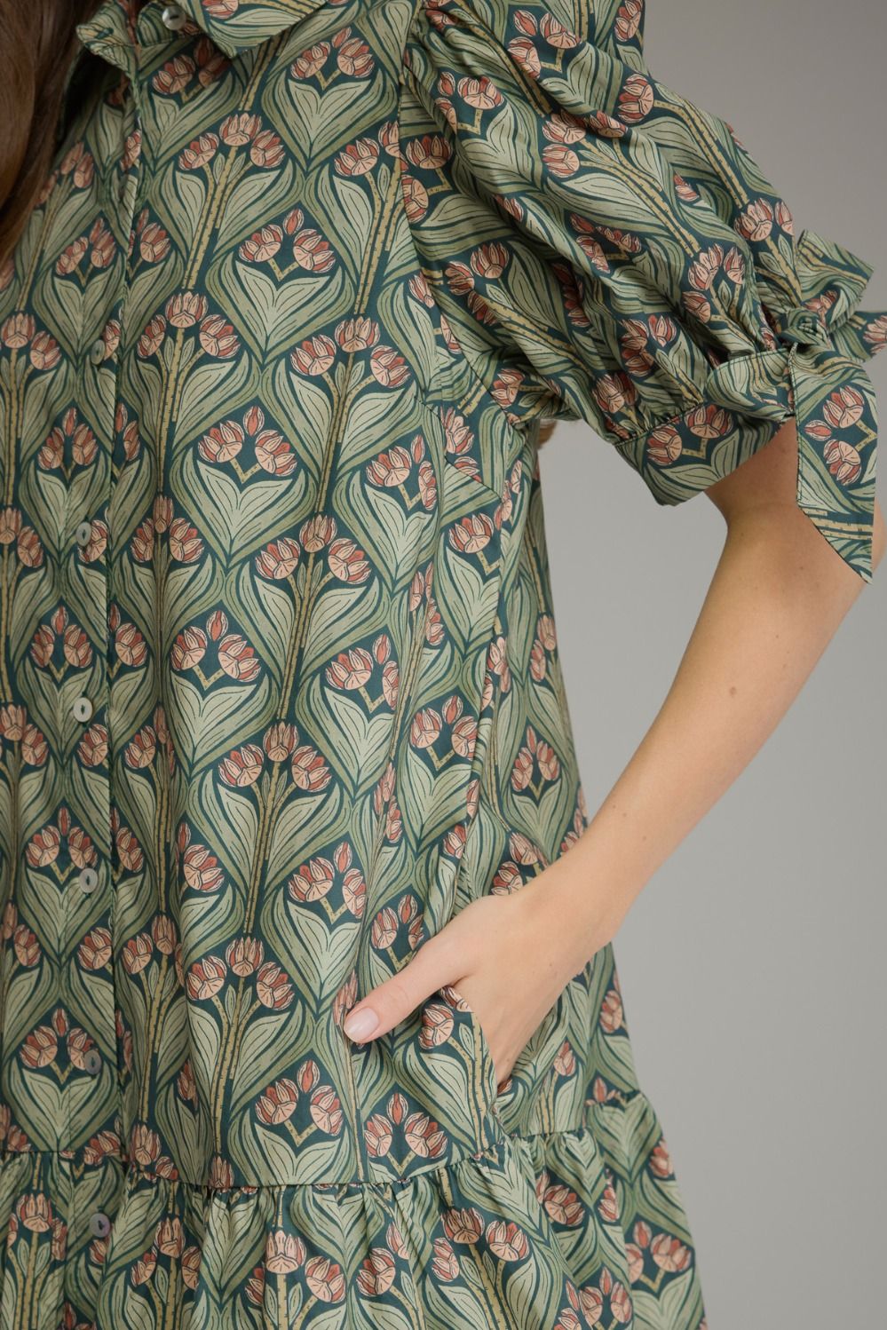 Entro - Dress - Mini 3/4 Tie Detail Sleeve - Ruffle Hem - Hunter Green - Findlay Rowe Designs