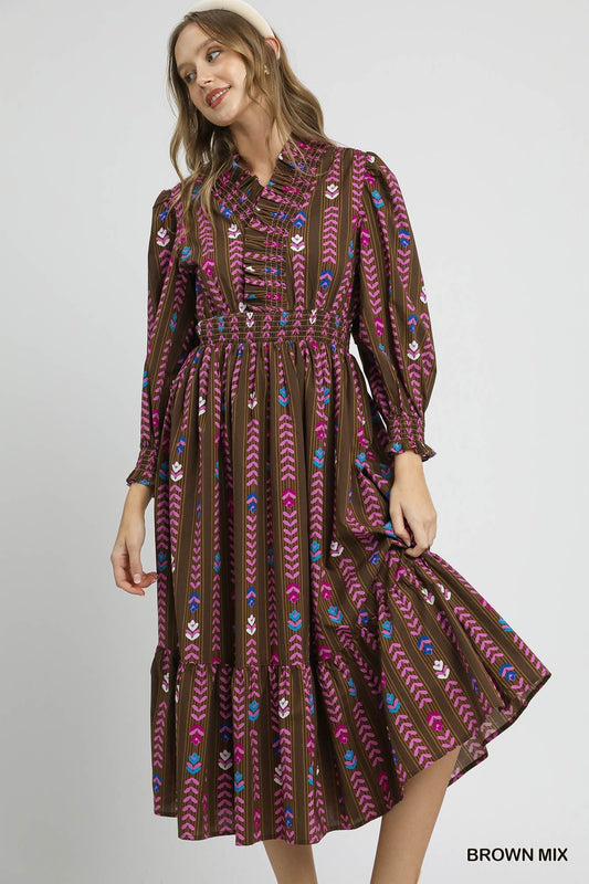 Dress - Striped Floral Ruffle Collar Midi - Brown - Findlay Rowe Designs