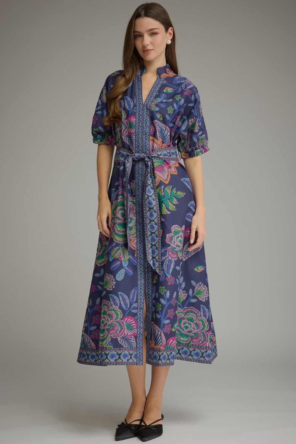Entro - Dress - Maxi V-Neck Border Print - Navy - Findlay Rowe Designs
