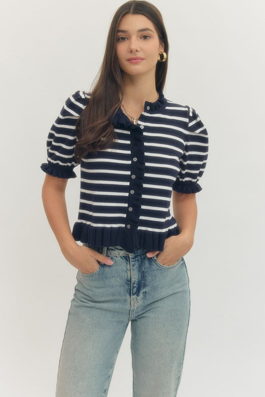 Entro - Top - Short Sleeve Cardigan - Navy White Stripe - Findlay Rowe Designs