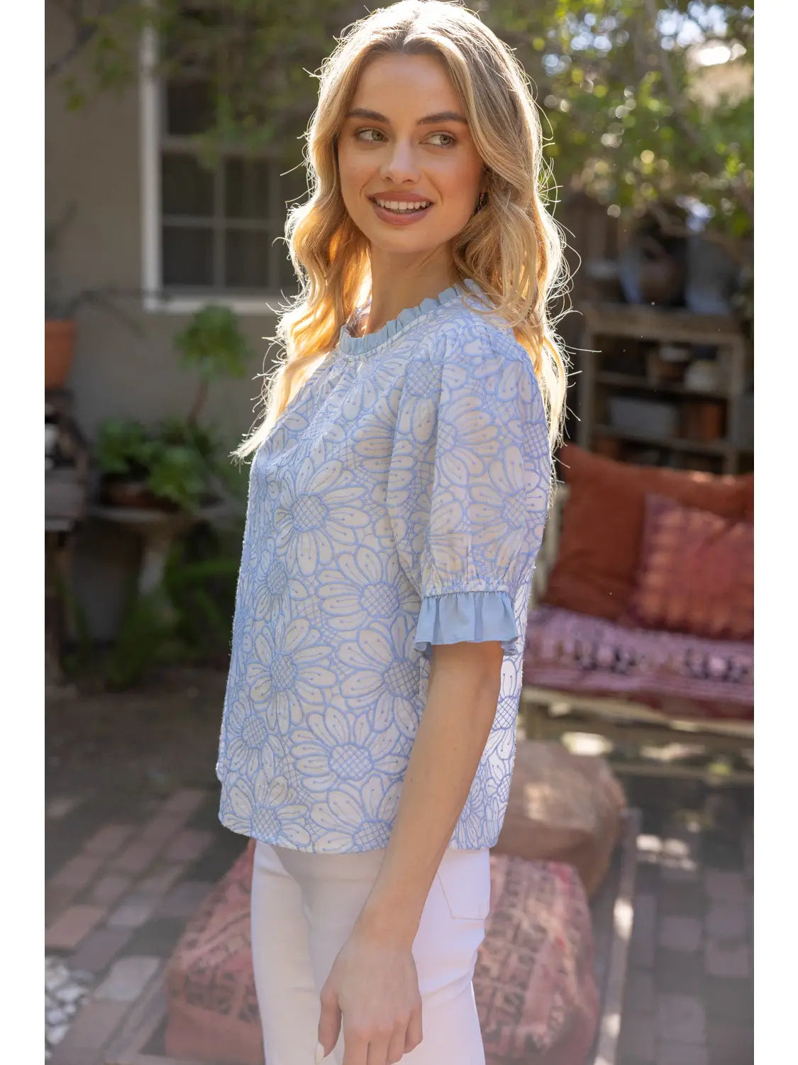 Contrast Ruffle Embroidered Floral Top Slate Blue