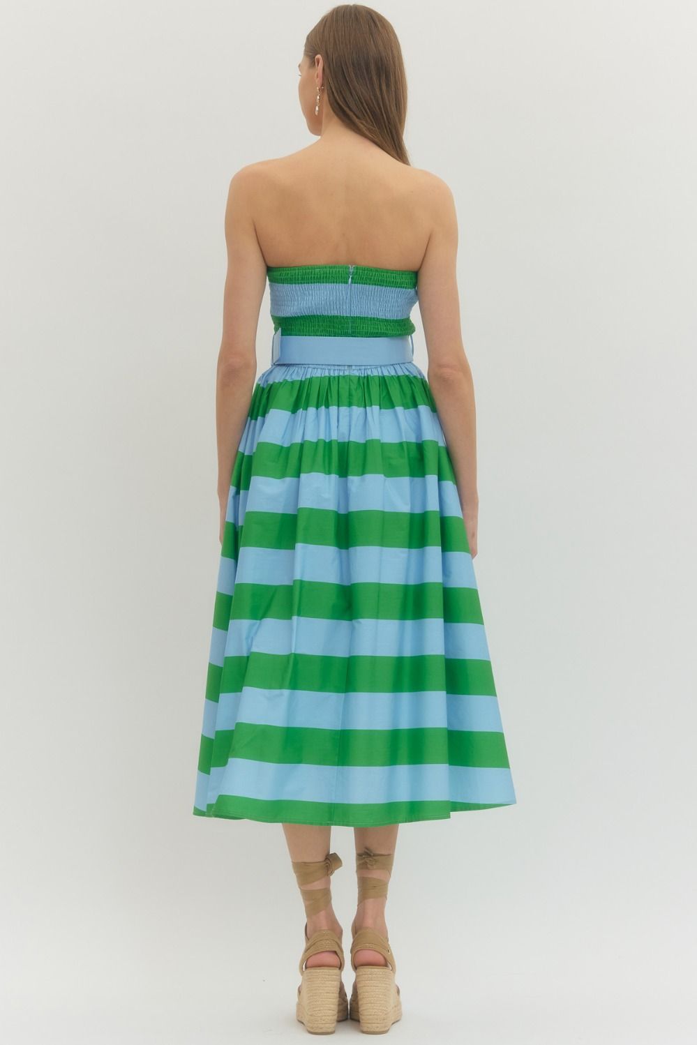 Entro - Dress - Strapless Midi - Green Blue Stripe - Findlay Rowe Designs